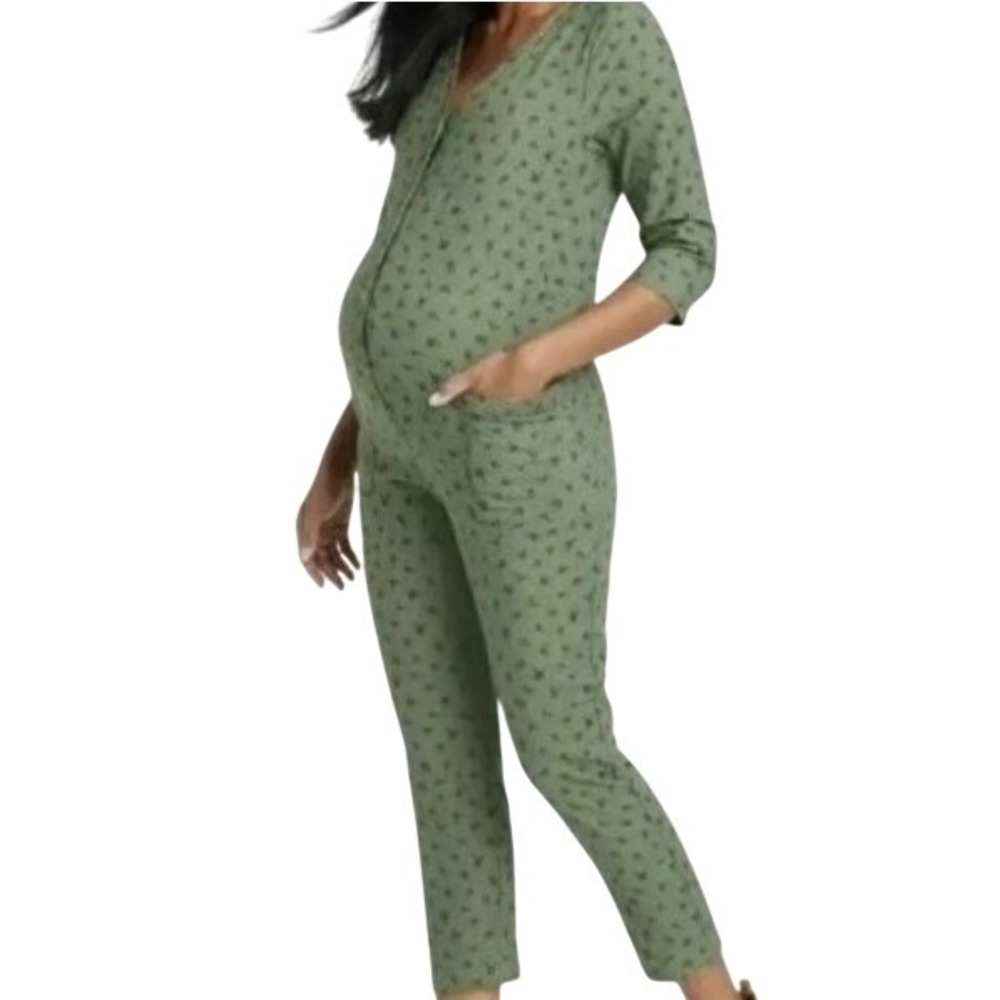 THE NINES BY HATCH‎ Women's Large Green Floral Maternity Cotton Jumpsuit Pockets